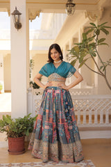 Elina Fashion Teal color Russion Silk Digital Print Ready To Wear Lehenga Choli for Women