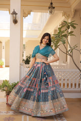 Elina Fashion Teal color Russion Silk Digital Print Ready To Wear Lehenga Choli for Women