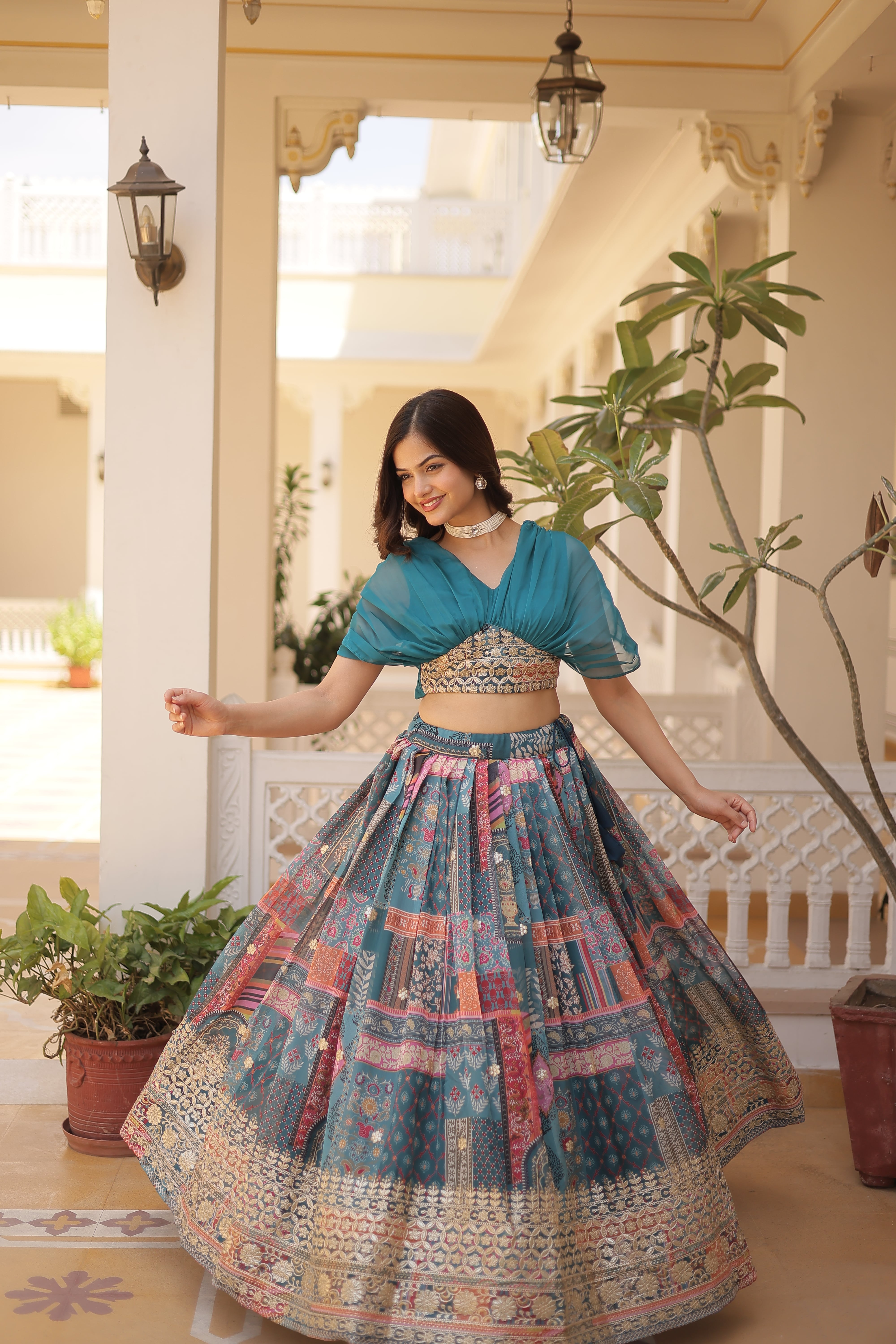 Elina Fashion Teal color Russion Silk Digital Print Ready To Wear Lehenga Choli for Women