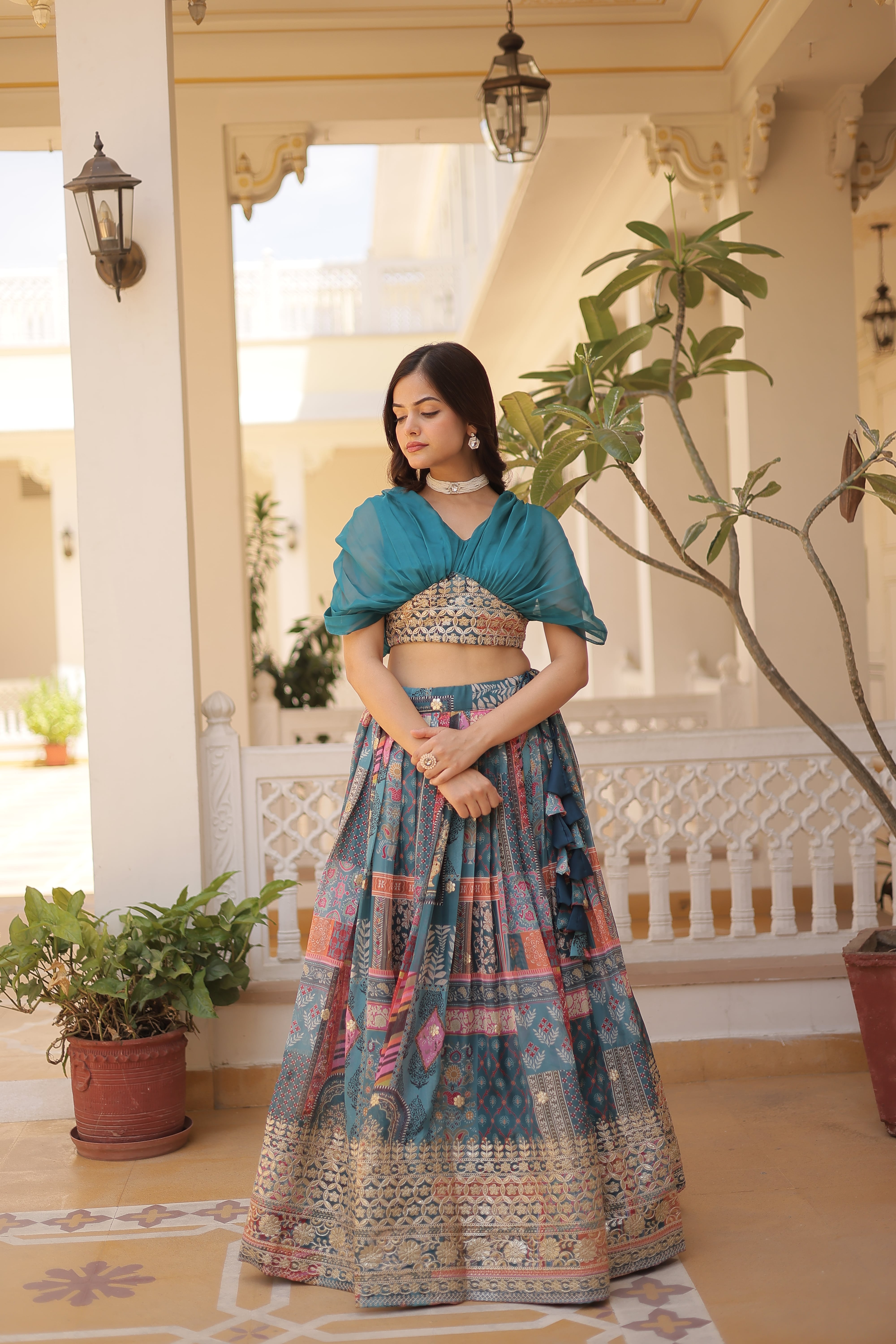 Elina Fashion Teal color Russion Silk Digital Print Ready To Wear Lehenga Choli for Women