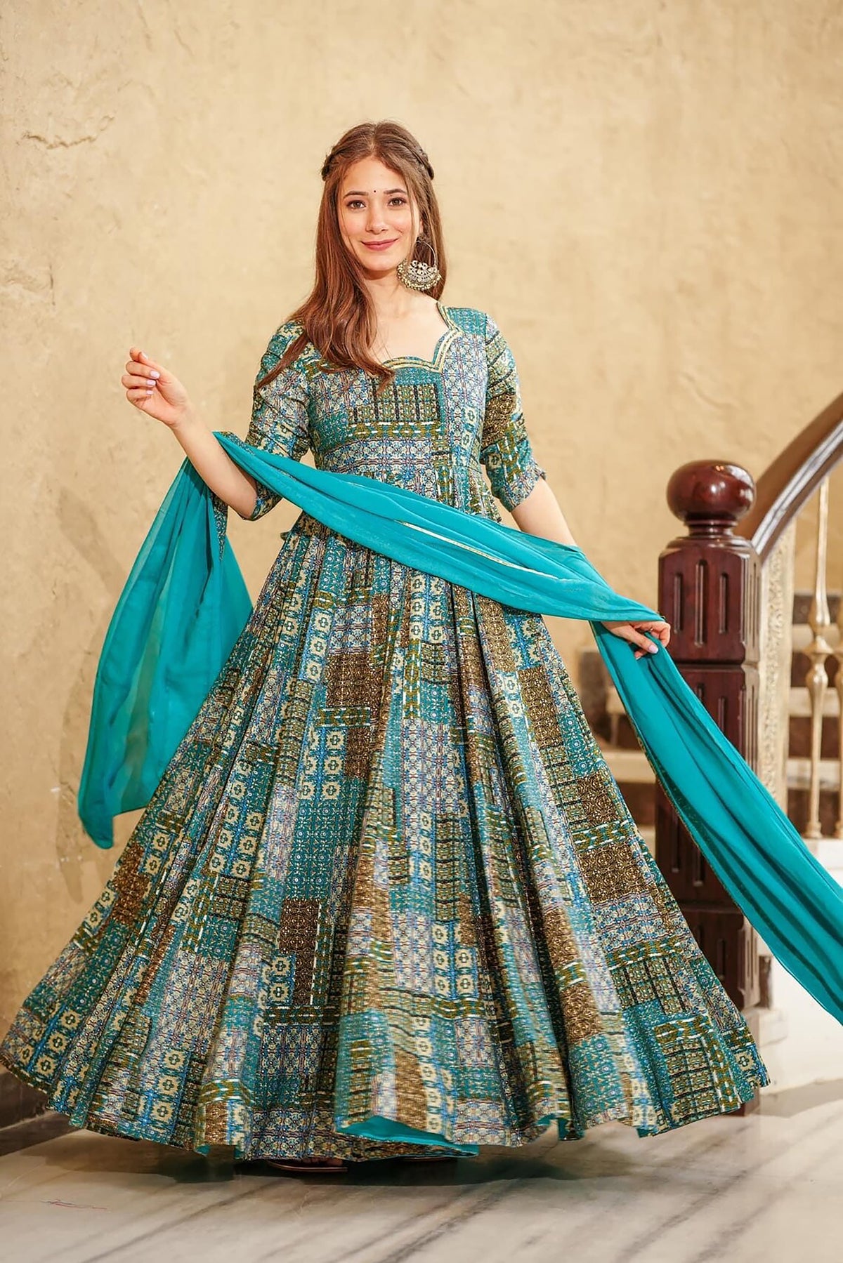 Blue Rayon Digital Printed Anarkali Flared Gown