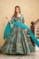 Blue Colored Rayon Designer Digital Printed Anarkali Flared Gown For Women