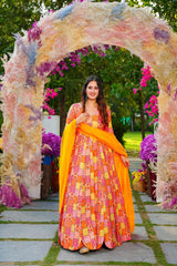 Mustard Colored Rayon Designer Digital Printed Anarkali Flared Gown For Women