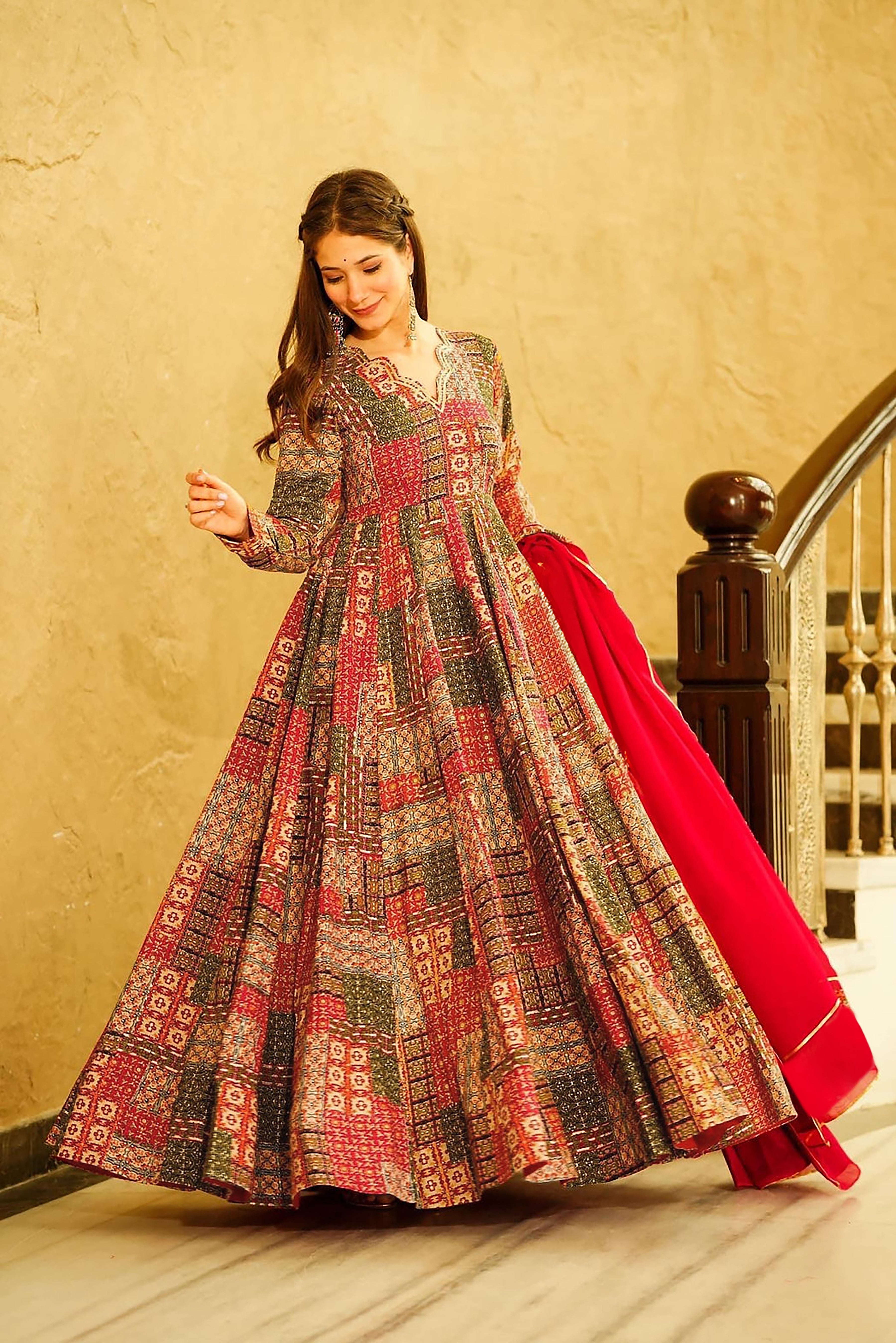 Multi Rayon Digital Printed Anarkali Flared Gown Large-40 Multi Rayon Digital Printed Anarkali Flared Gown Large-40