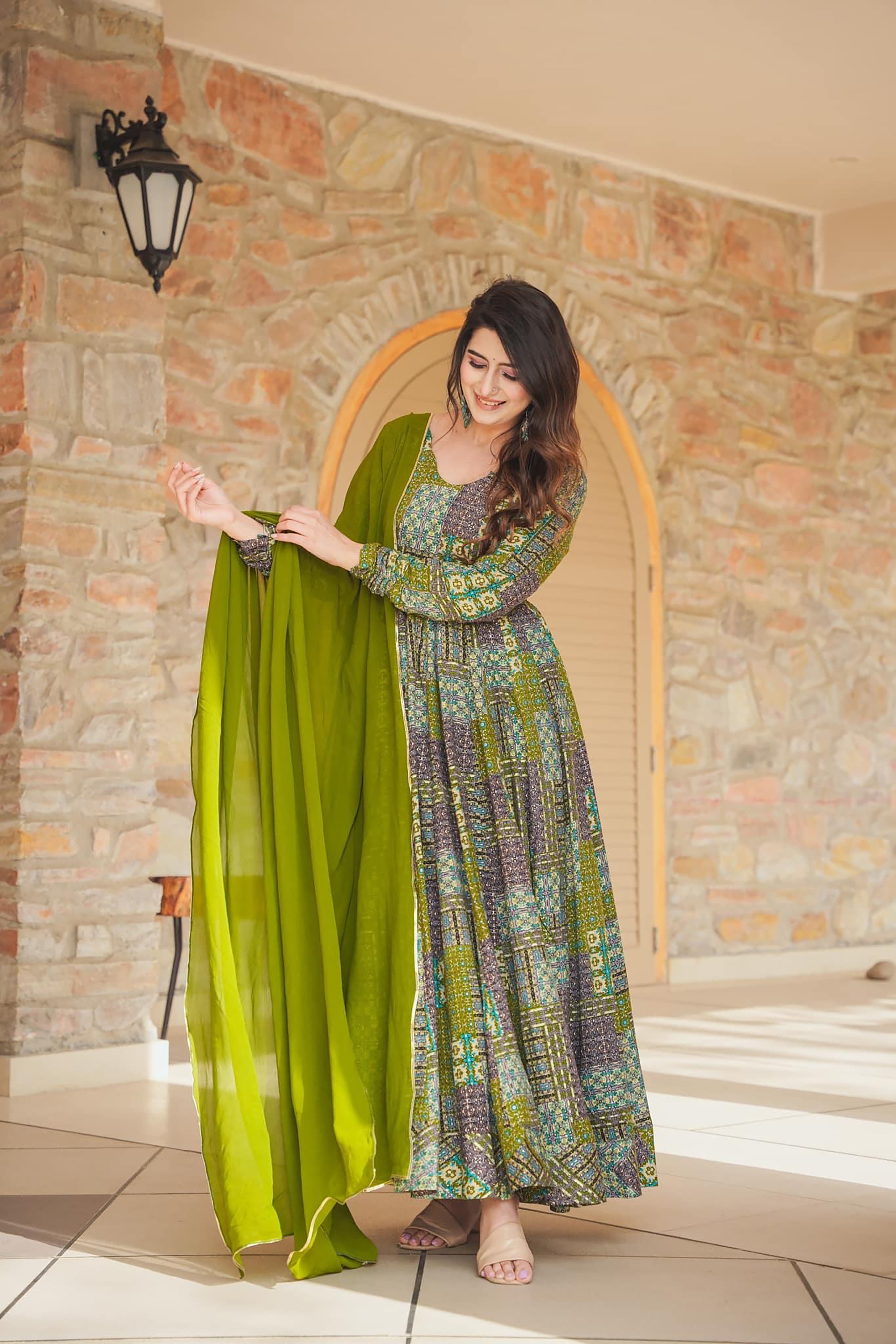 Green Rayon Digital Printed Anarkali Flared Gown