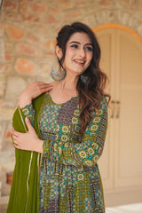 Green Rayon Digital Printed Anarkali Flared Gown