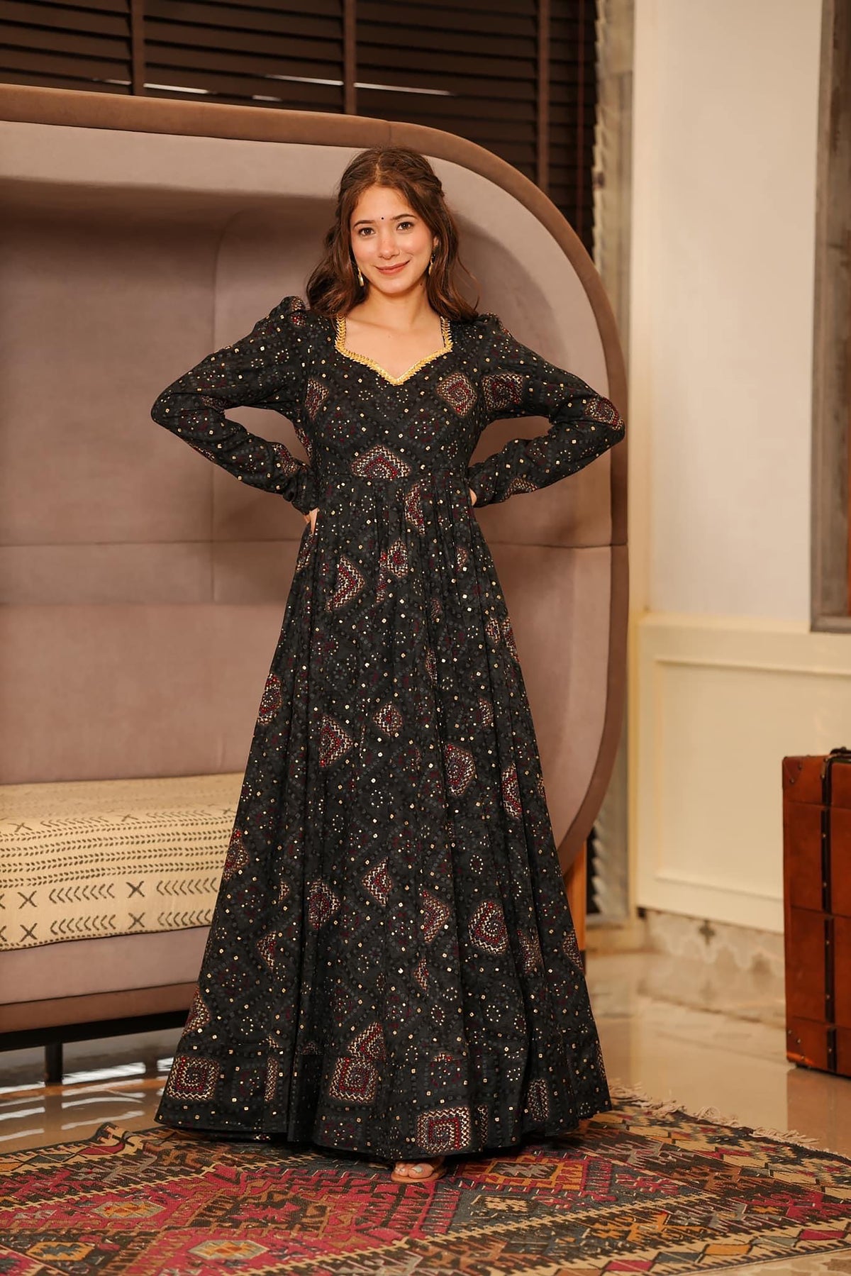 Black Rayon Digital Printed Anarkali Flared Gown