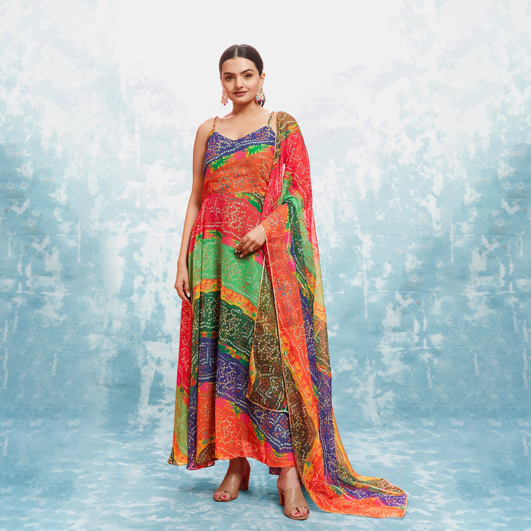 Multi Georgette Bandhani Printed Gown With Dupatta