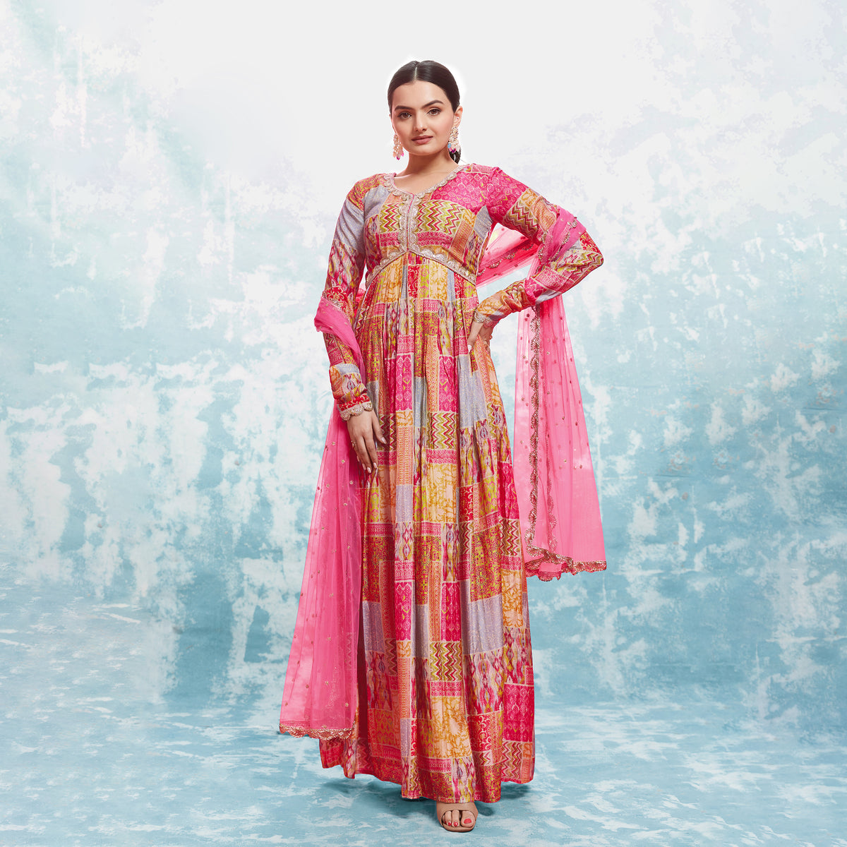 Multi Colored Muslin Printed Gown With  Dupatta