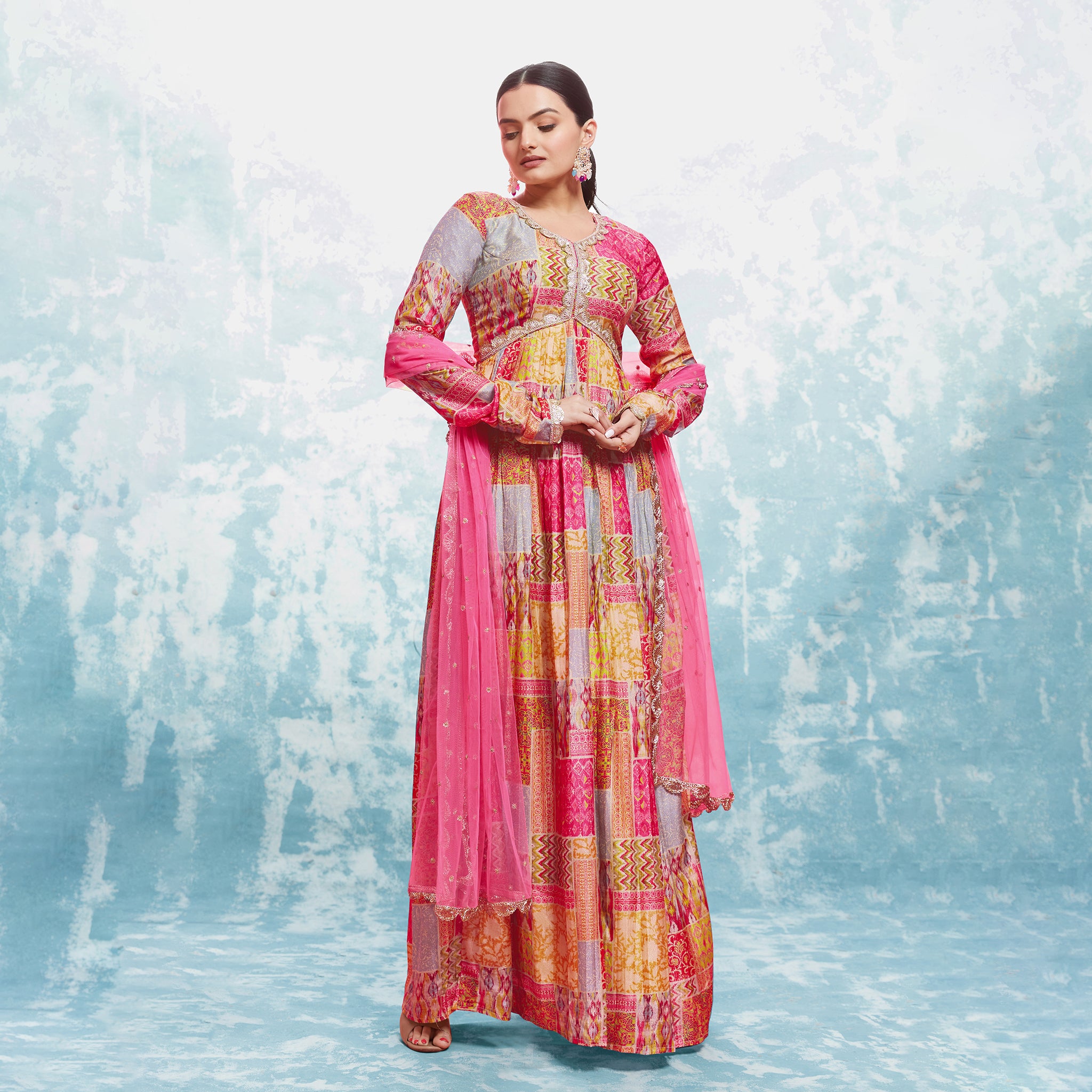 Multi Colored Muslin Printed Gown With  Dupatta