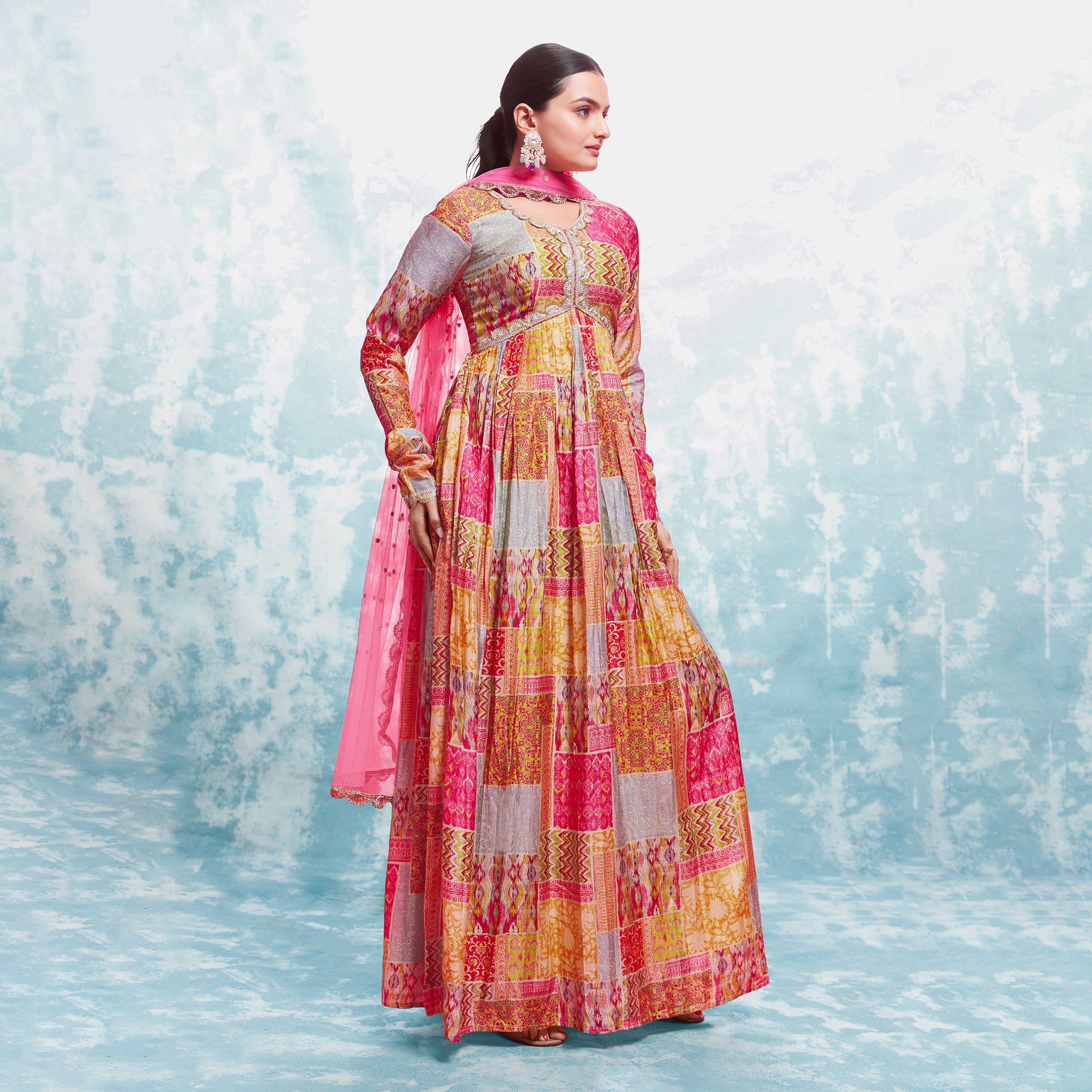 Multi Colored Muslin Printed Gown With  Dupatta