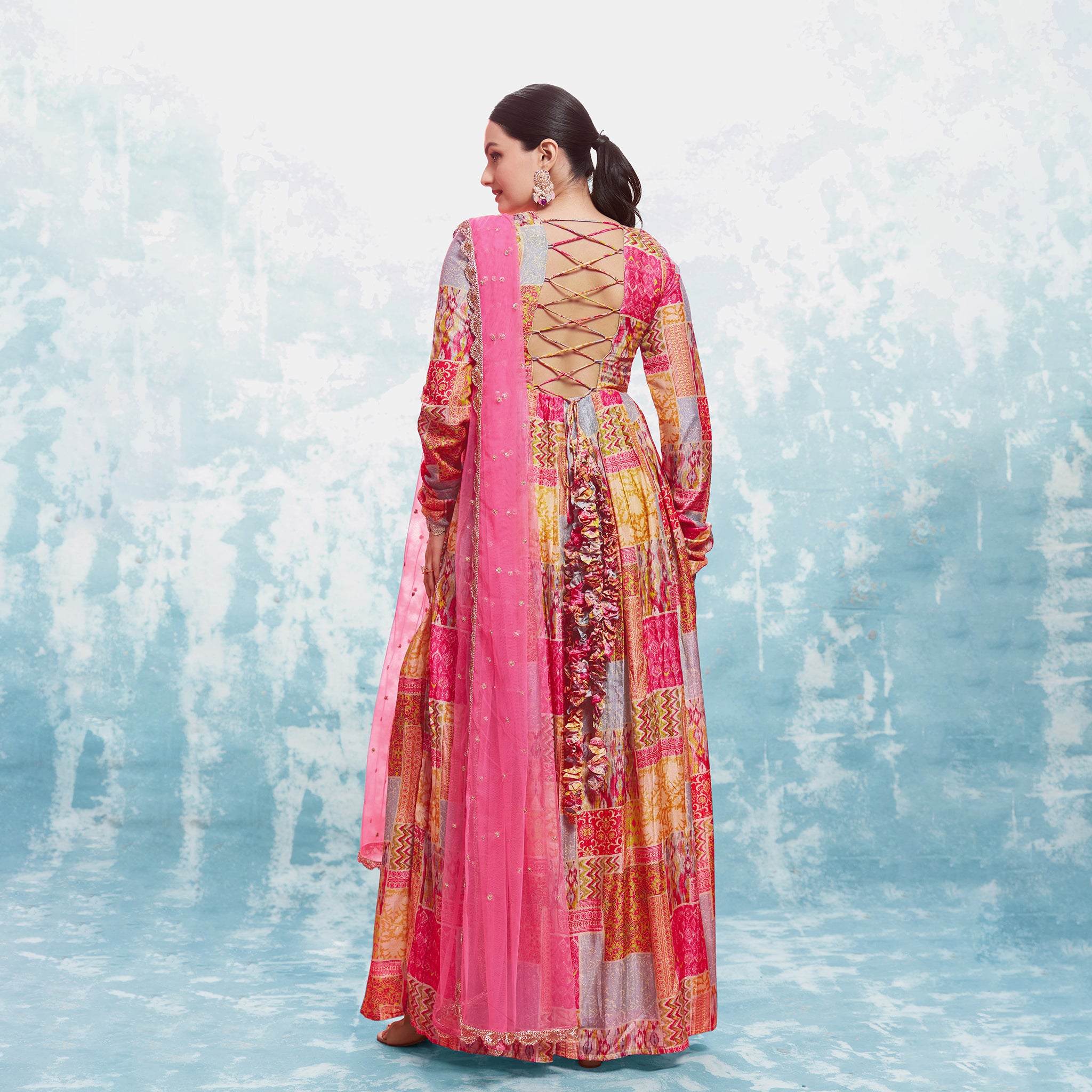 Multi Colored Muslin Printed Gown With  Dupatta