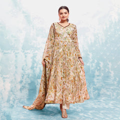 Peach Colored Georgette  Printed Gown With Bottom Dupatta