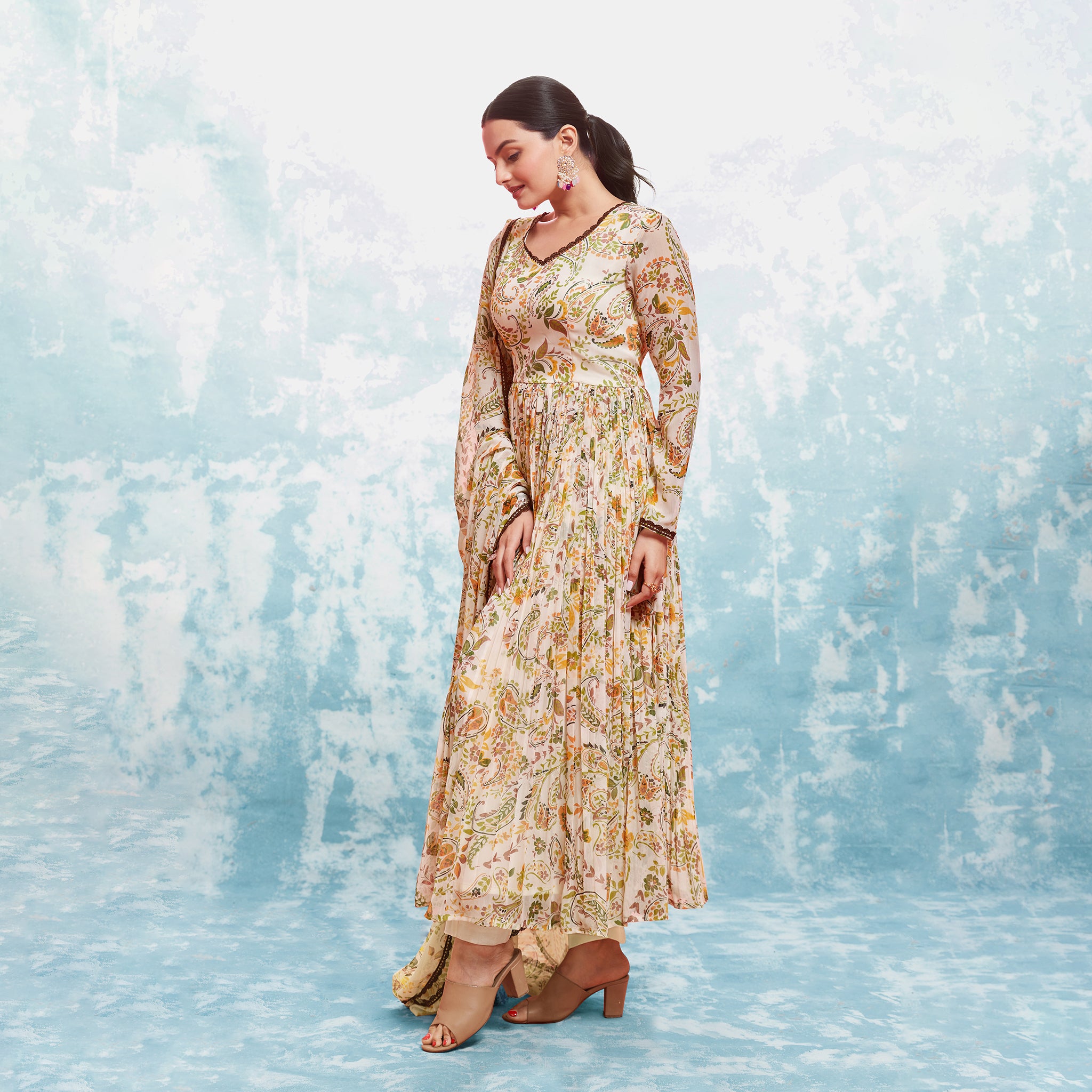 Peach Colored Georgette  Printed Gown With Bottom Dupatta