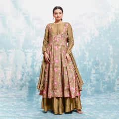 Brown Colored Muslin  Printed Gown With Bottom Dupatta