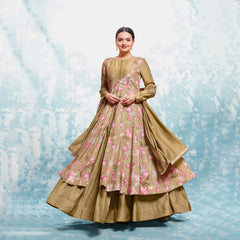 Brown Colored Muslin  Printed Gown With Bottom Dupatta