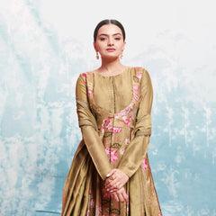 Brown Colored Muslin  Printed Gown With Bottom Dupatta