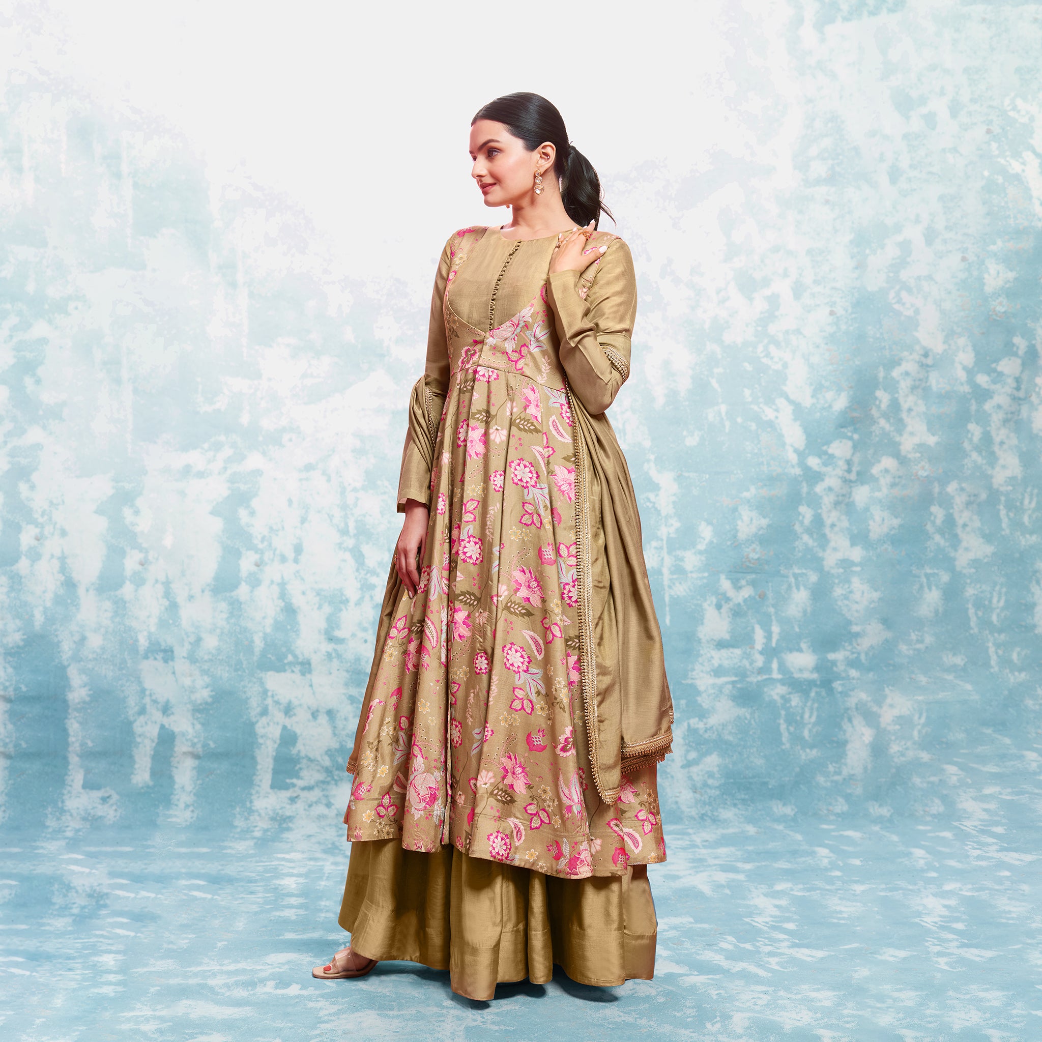 Brown Colored Muslin  Printed Gown With Bottom Dupatta