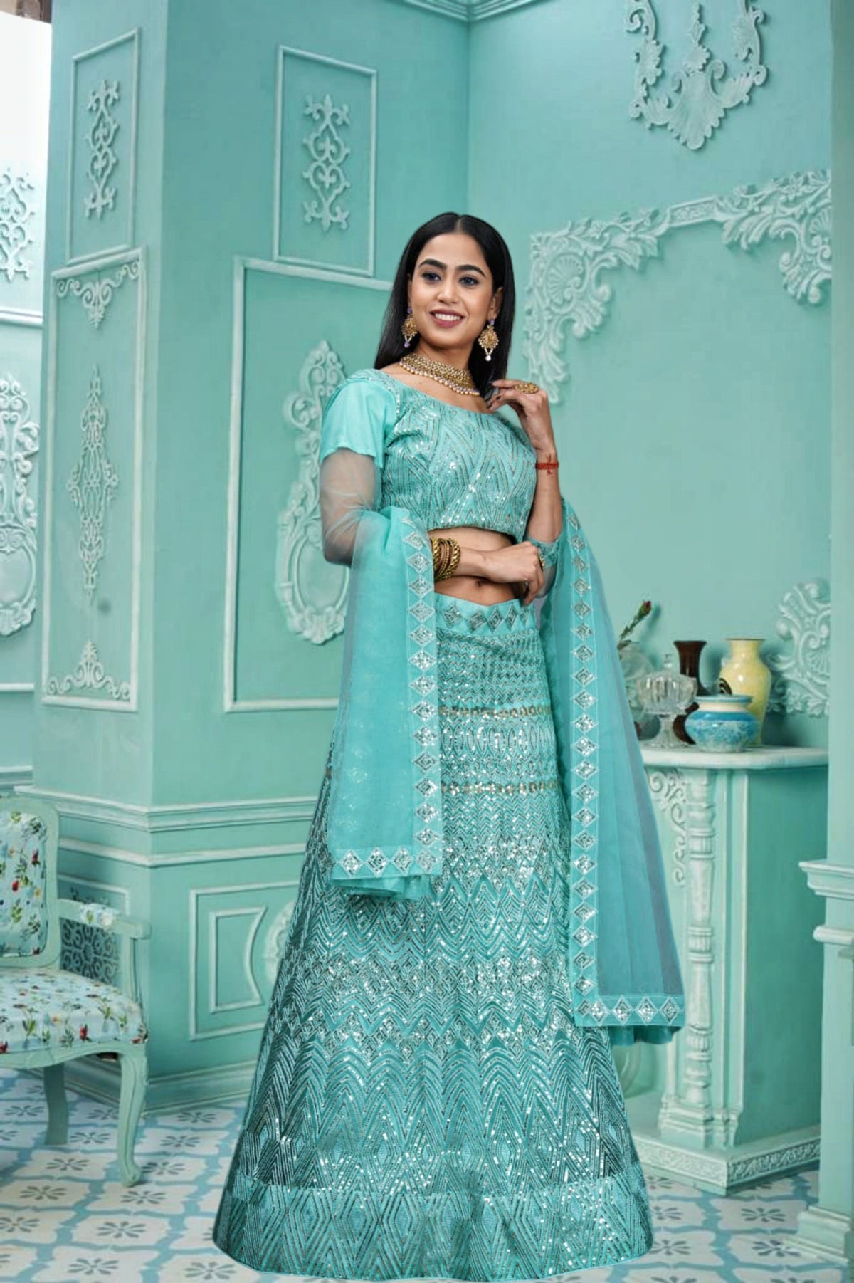 Elina Fashion Sea Green color Net Embroidery Work  Lehenga Choli for Women