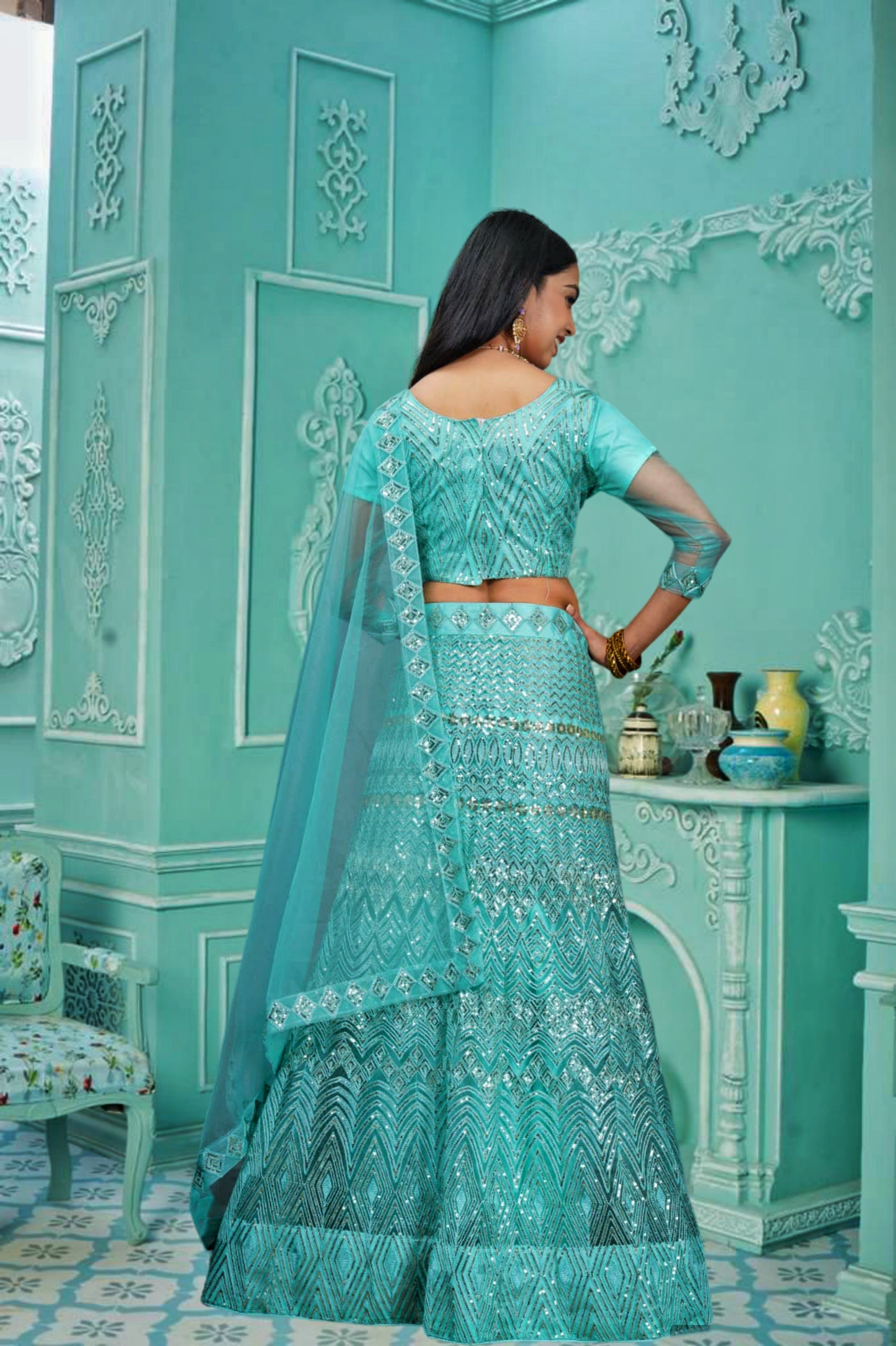 Elina Fashion Sea Green color Net Embroidery Work  Lehenga Choli for Women