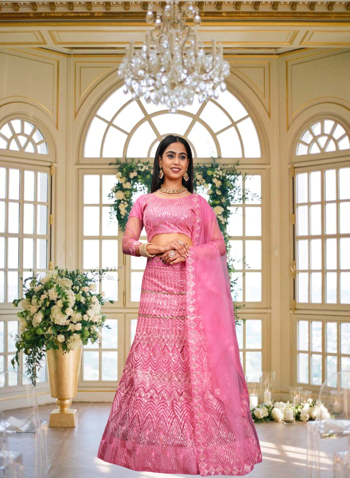 Elina Fashion Pink color Net Embroidery Work Lehenga Choli for Women