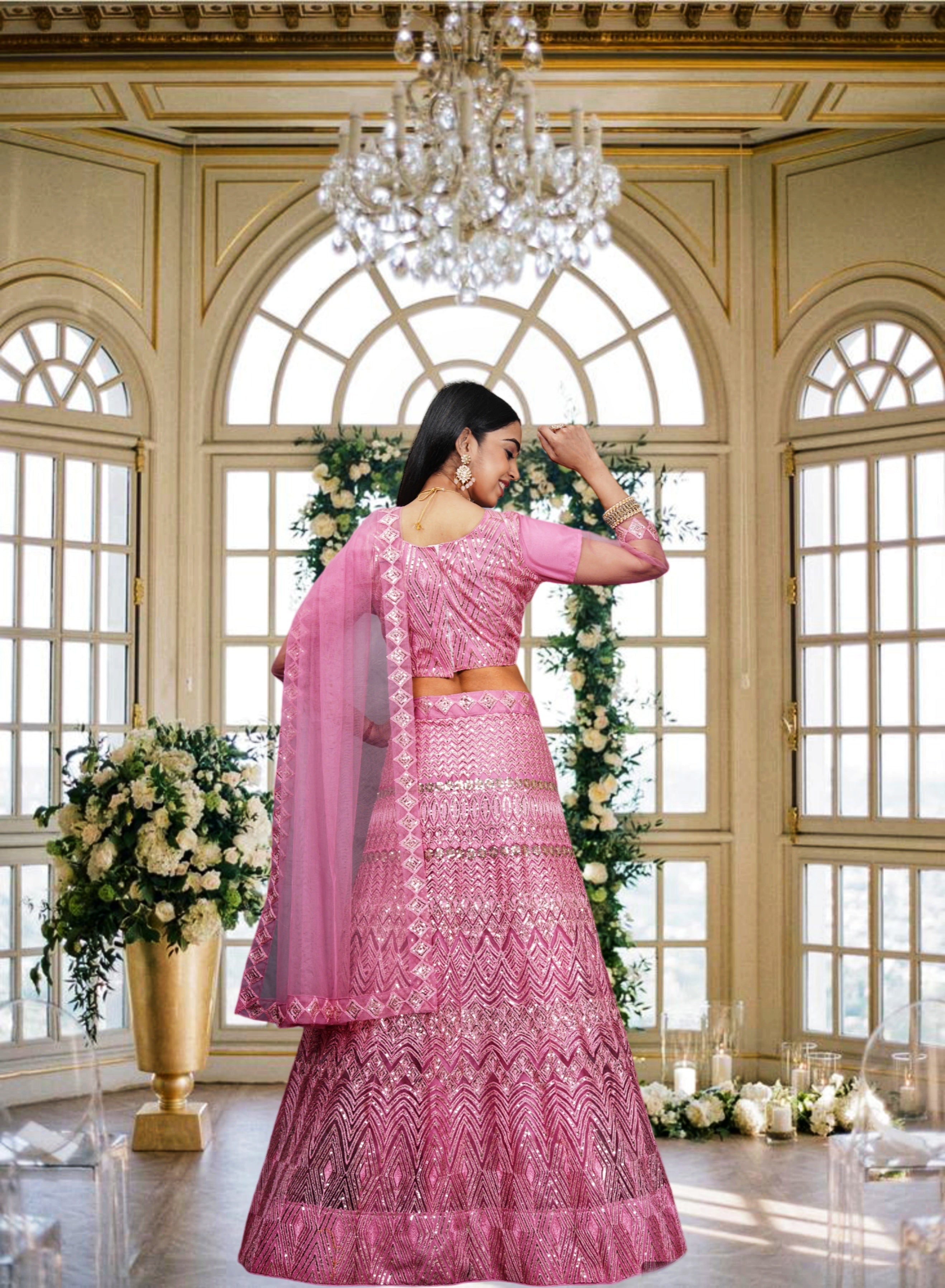 Elina Fashion Pink color Net Embroidery Work Lehenga Choli for Women