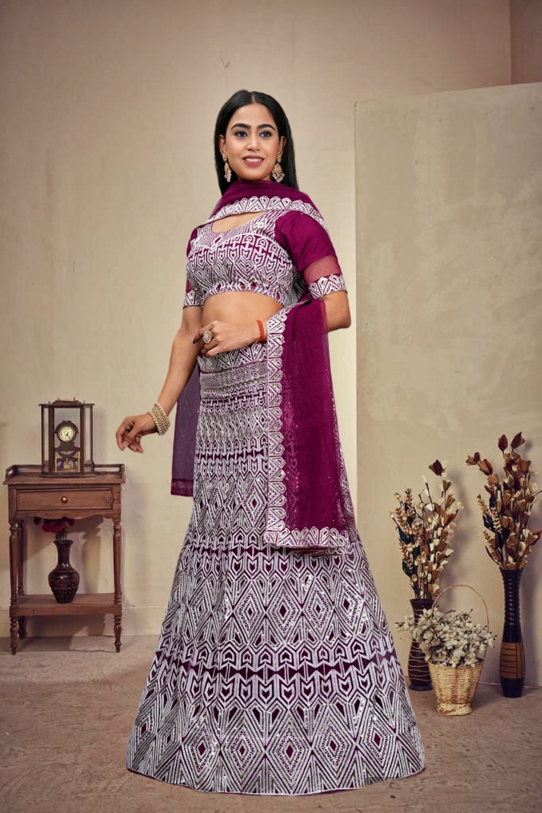 Elina Fashion Wine color Net Embroidery Work Lehenga Choli for Women