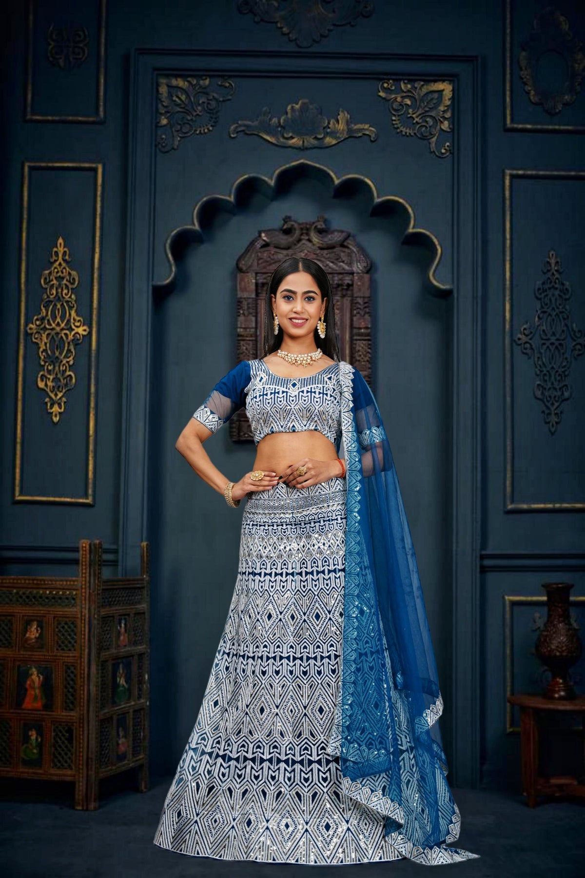 Elina Fashion Blue color Net Embroidery Work Lehenga Choli for Women