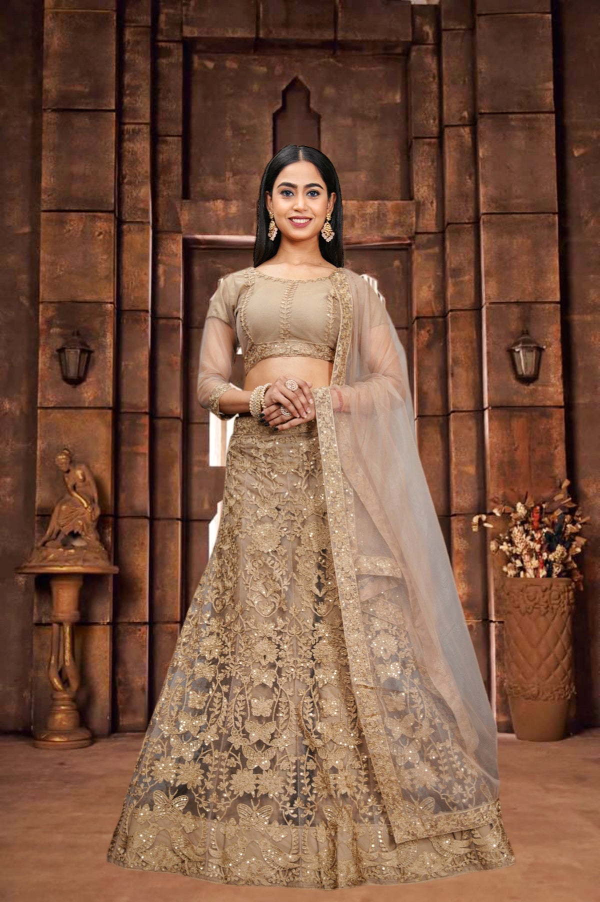 Elina Fashion Beige Color Net Embroidery Work Lehenga Choli for Women