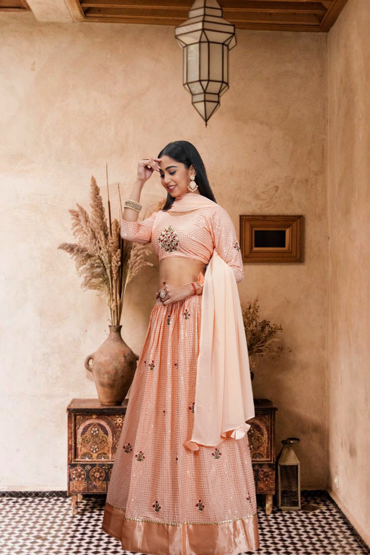 Elina Fashion Peach Color Georgette Embroidery Work  Lehenga Choli for Women