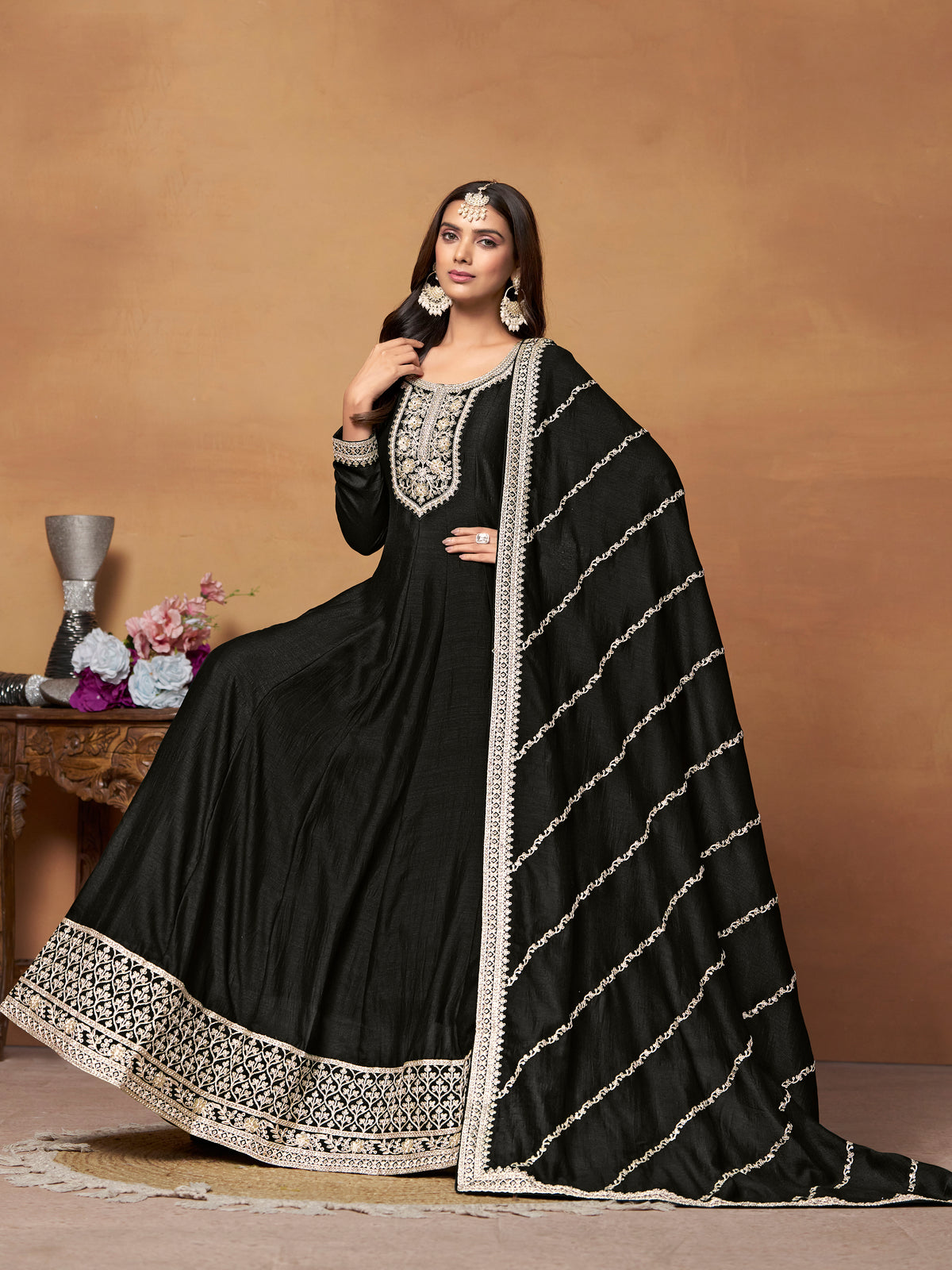 Black Art Silk Embroidered Flared Anarkali Gown With Bottom Dupatta