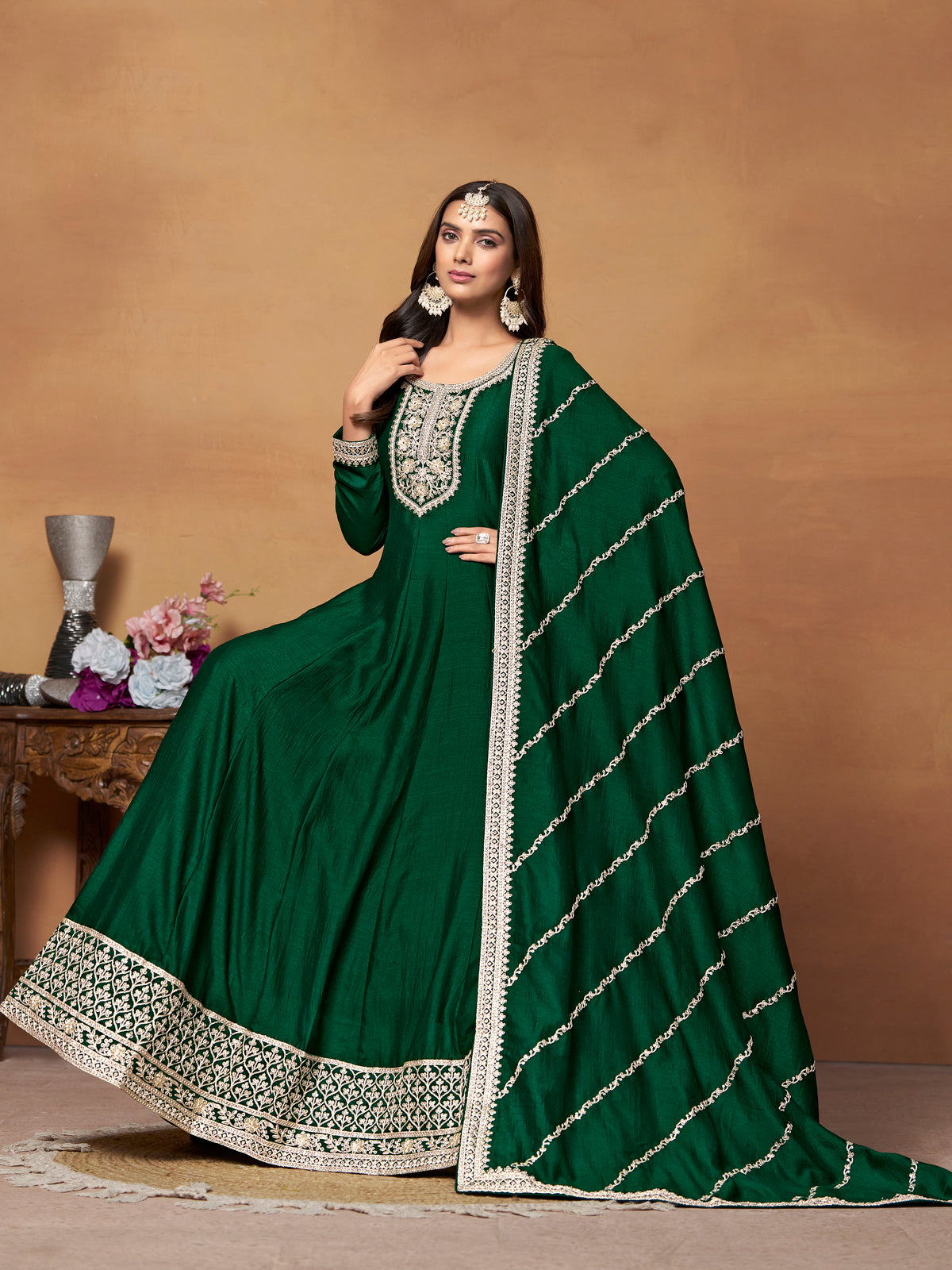 Green Art Silk Embroidered Flared Anarkali Gown With Bottom Dupatta