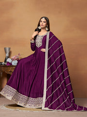 Purple Art Silk Embroidered Flared Anarkali Gown With Bottom Dupatta