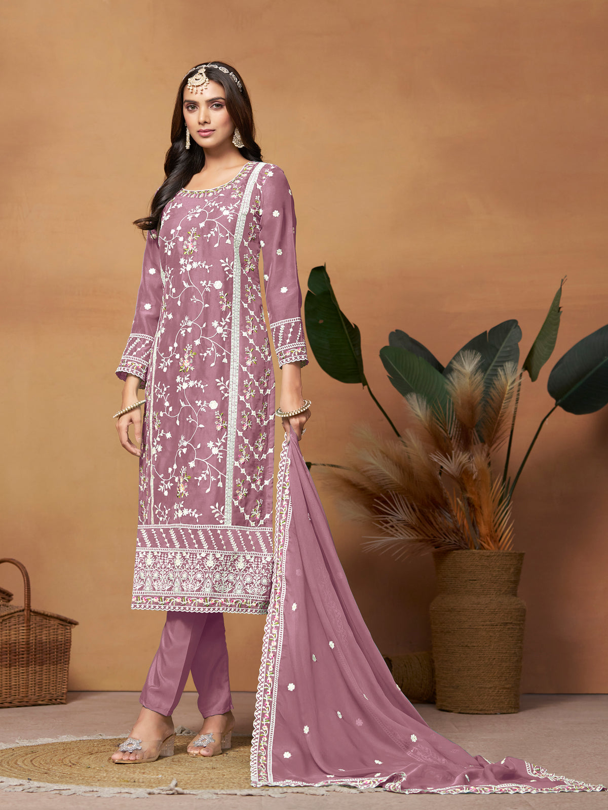 Pink Colored Organza Designer Embroidery Work  Salwar Suit With Pant Dupatta