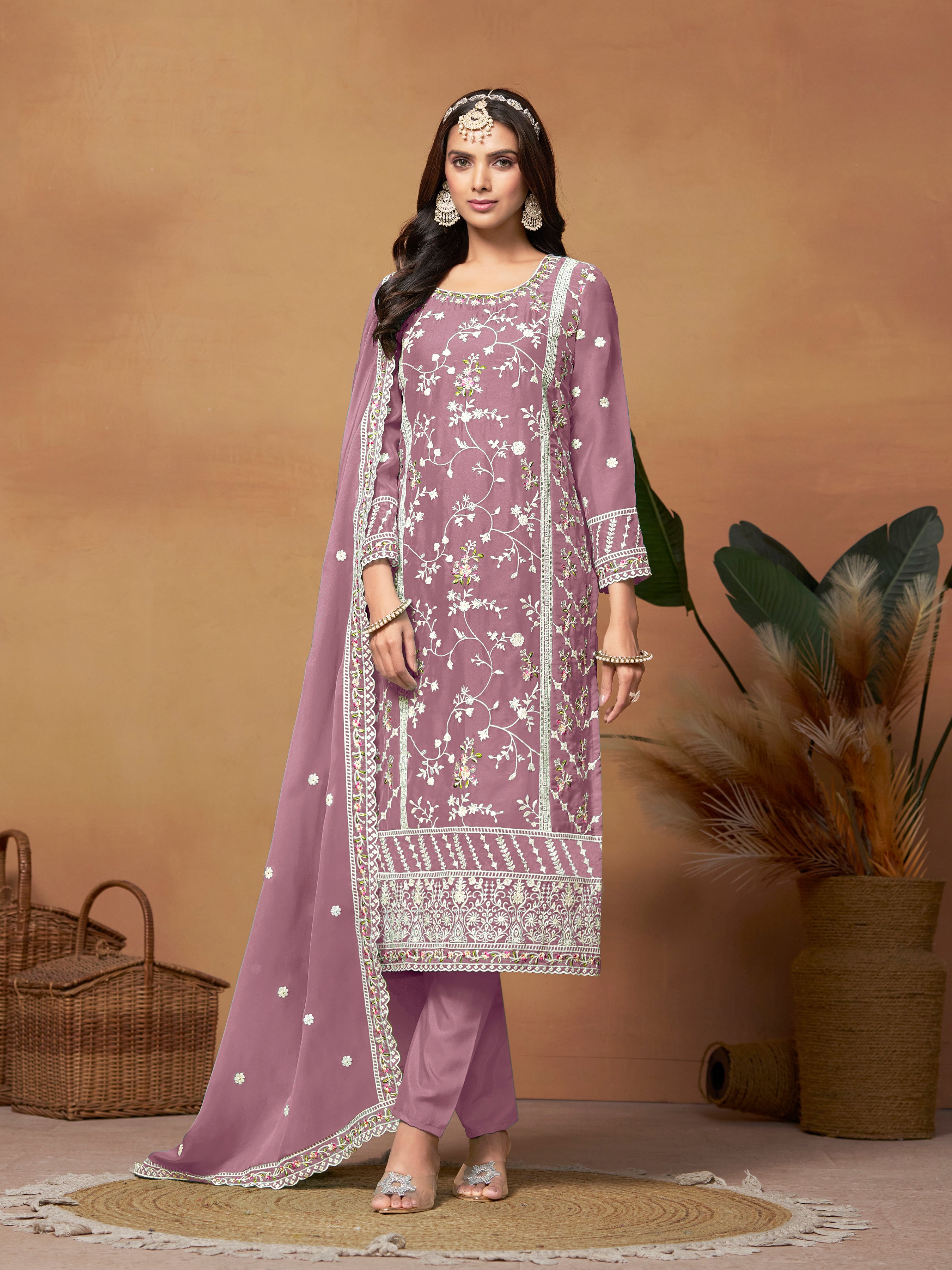 Pink Colored Organza Designer Embroidery Work  Salwar Suit With Pant Dupatta