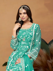 Sea Green Organza Embroidery Salwar Suit With Pant Dupatta