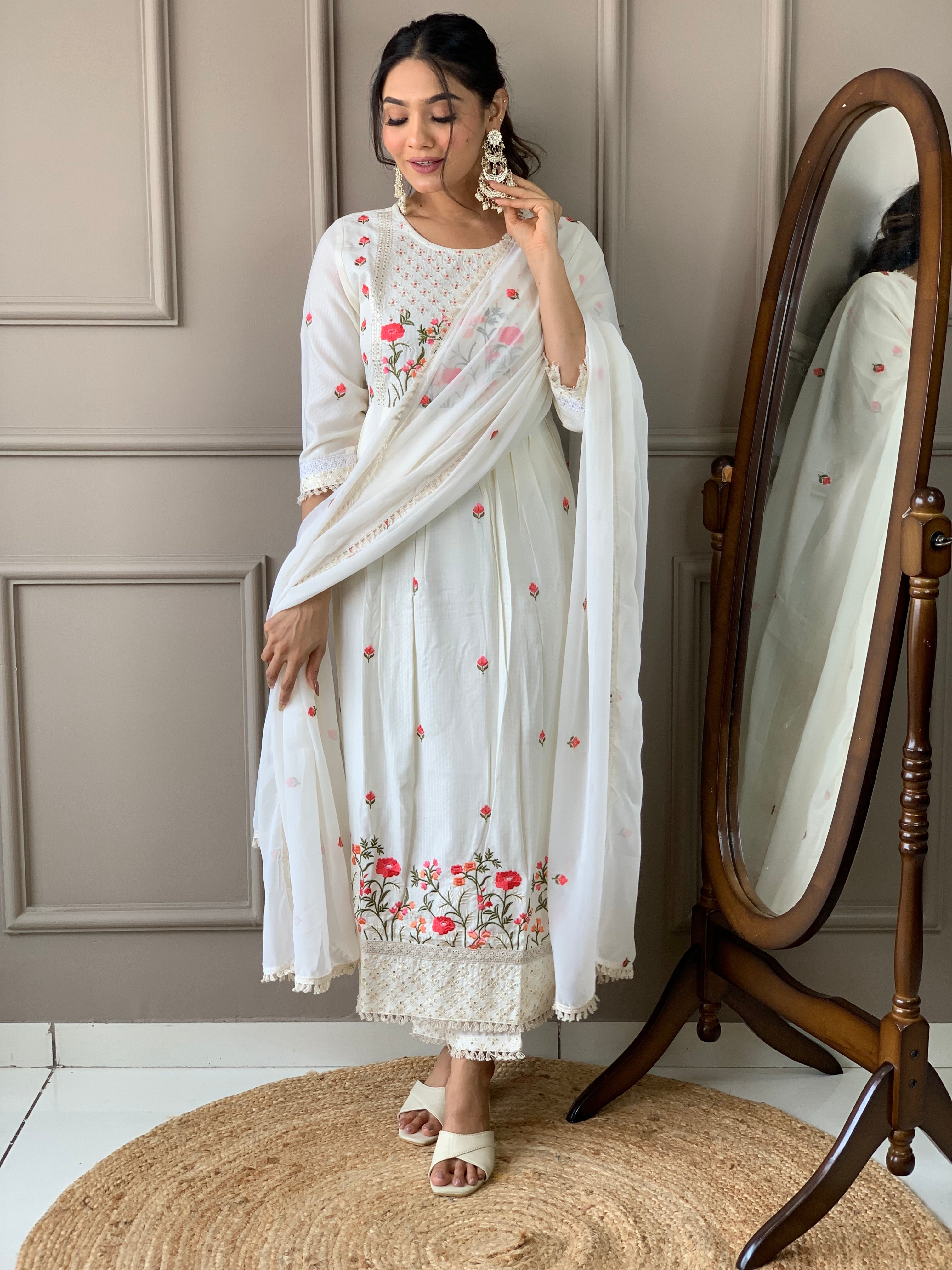 White Viscose Rayon Thread Embroidered Salwar Suit With Pant Dupatta