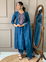 Petrol Colored Viscose Rayon Thread Embroidered  Salwar Suit With Pant Dupatta