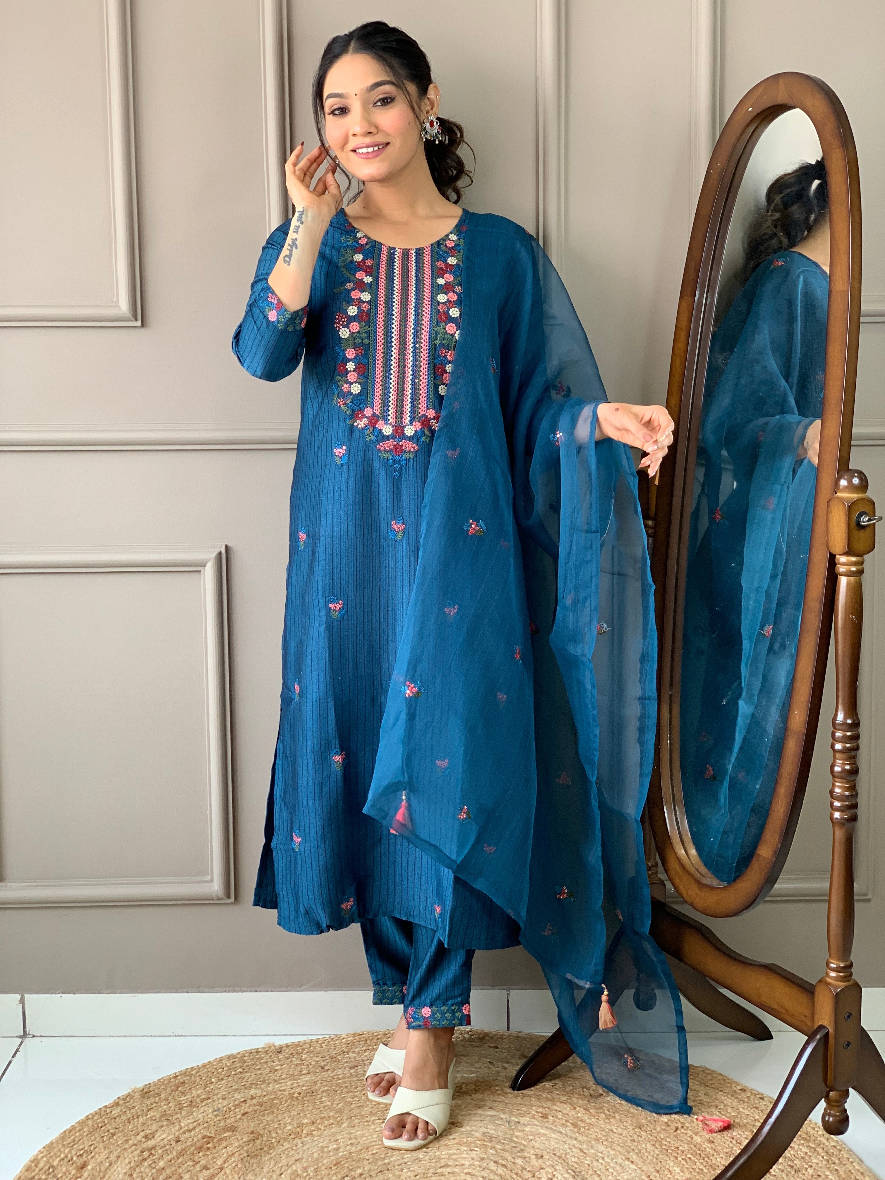 Petrol Viscose Rayon Thread Embroidered Salwar Suit With Pant Dupatta