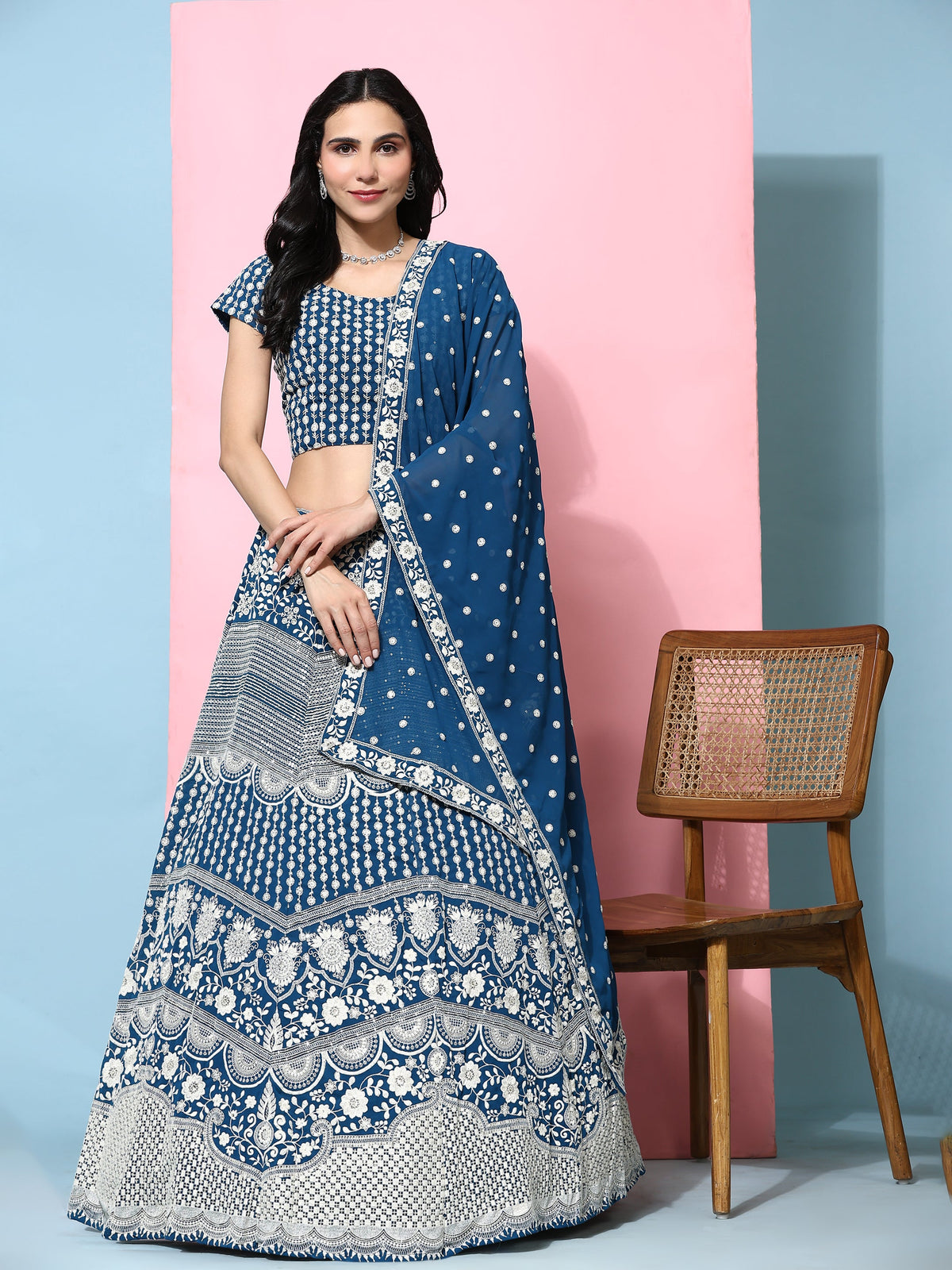 Elina Fashion Blue color Georgette Embroidery Work Lehenga Choli for Women