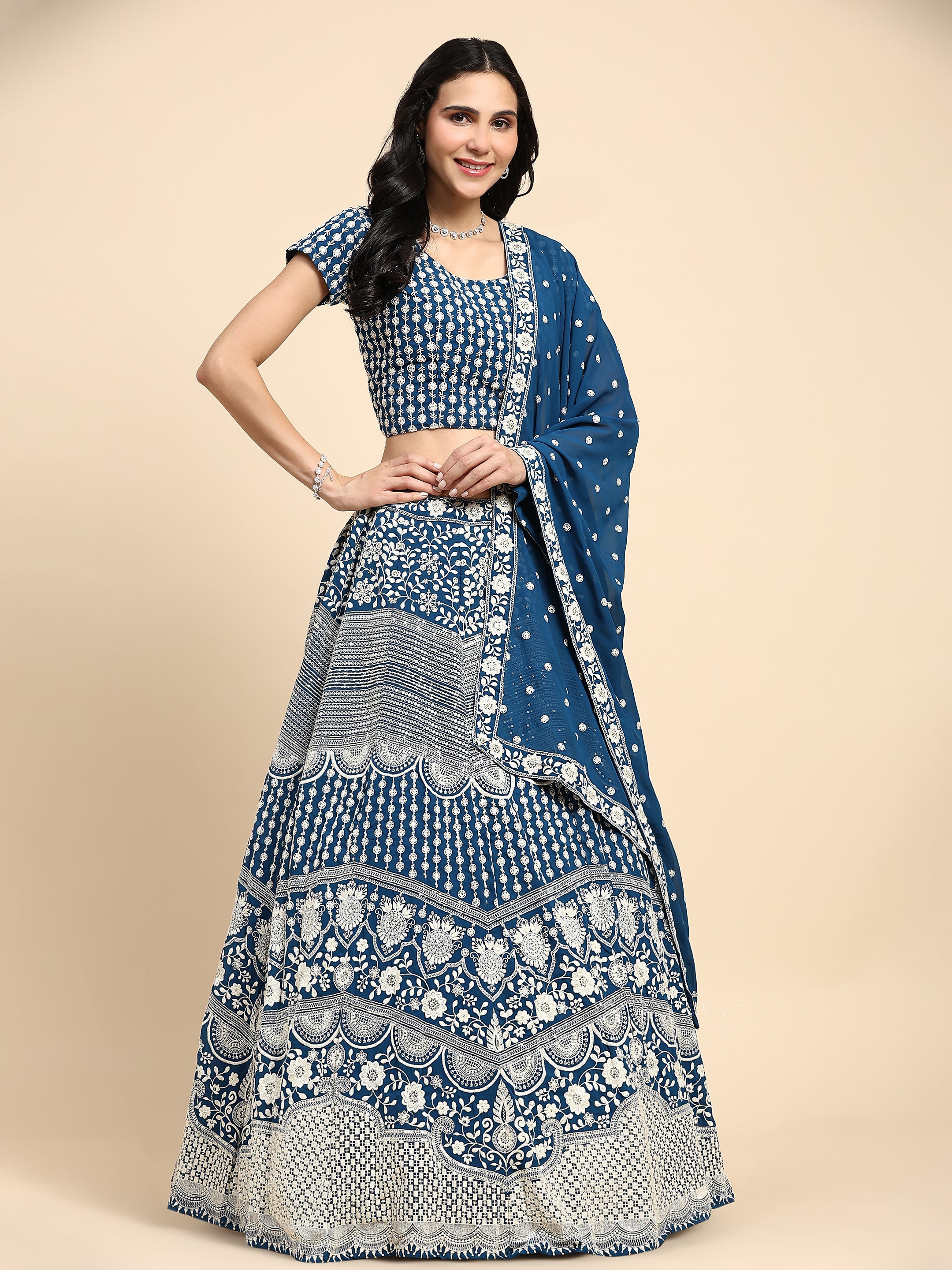 Elina Fashion Blue color Georgette Embroidery Work Lehenga Choli for Women