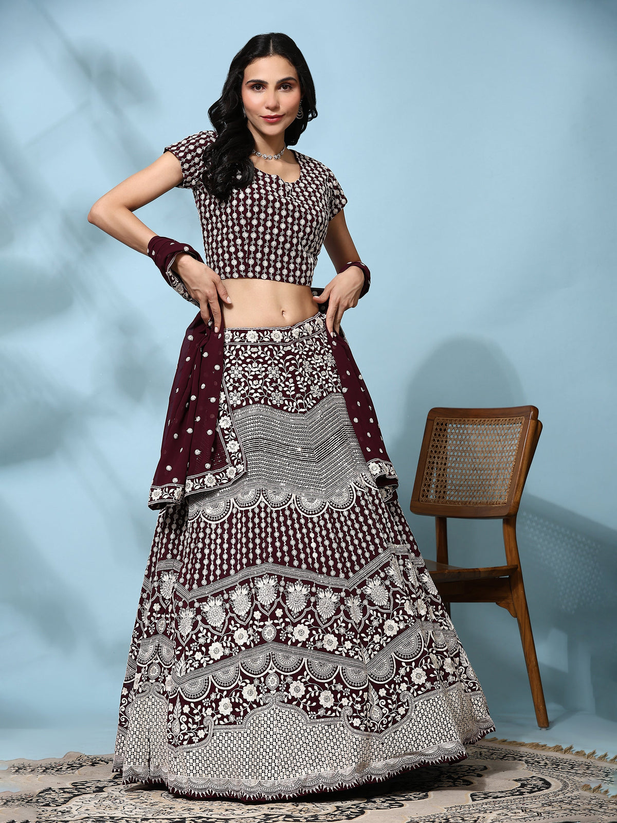 Elina Fashion Brown Color Georgette Embroidery Work Lehenga Choli for Women