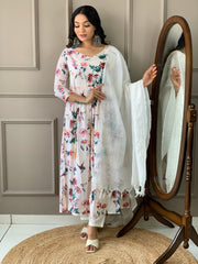 White Colored Cotton Designer Printed  Salwar Suit With Pant Dupatta