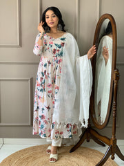 White Colored Cotton Designer Printed  Salwar Suit With Pant Dupatta