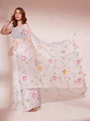 Off White Colored Blooming Organza Designer Brush Printed Saree