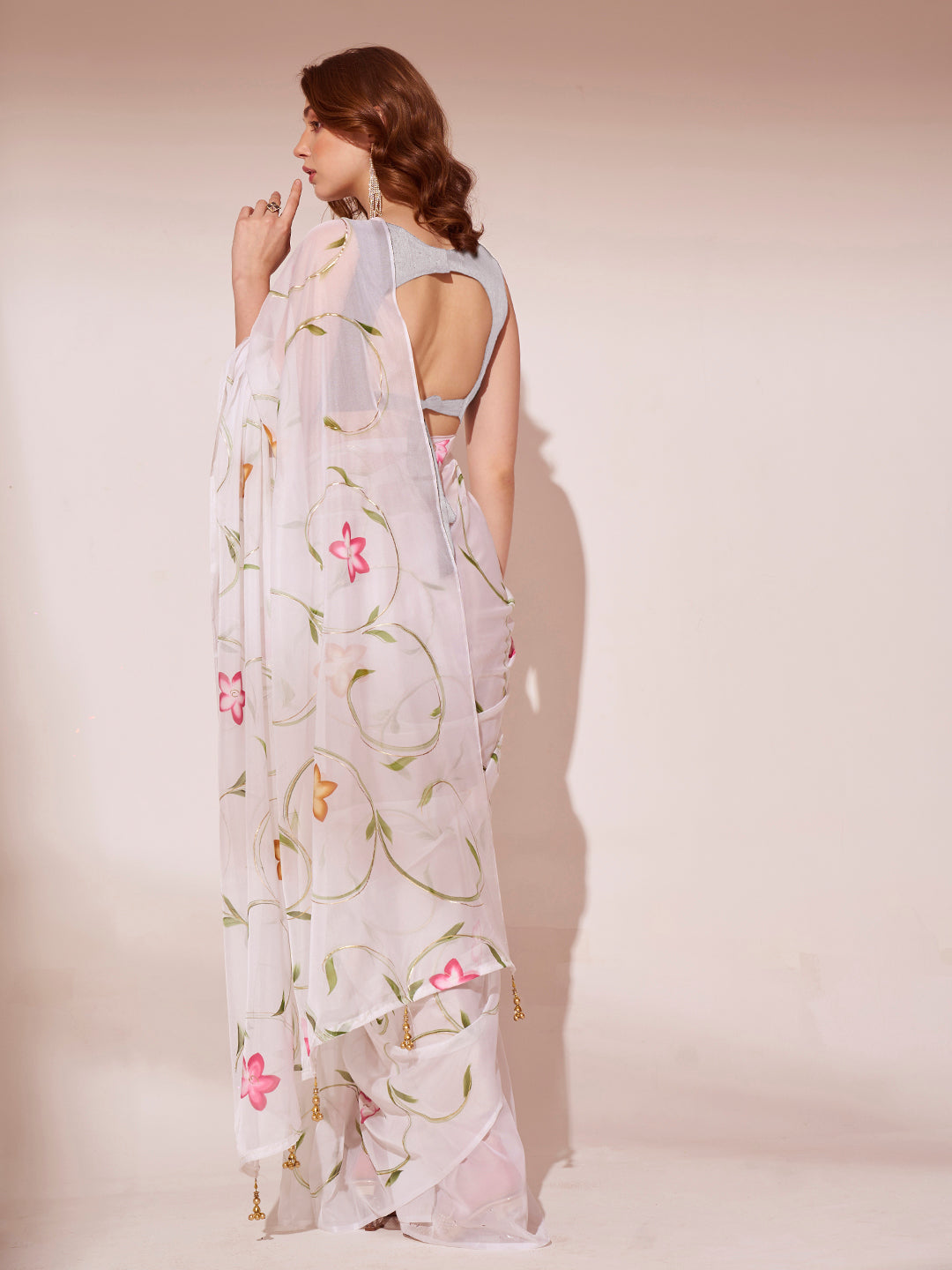 Off White Colored Blooming Organza Designer Brush Printed Saree