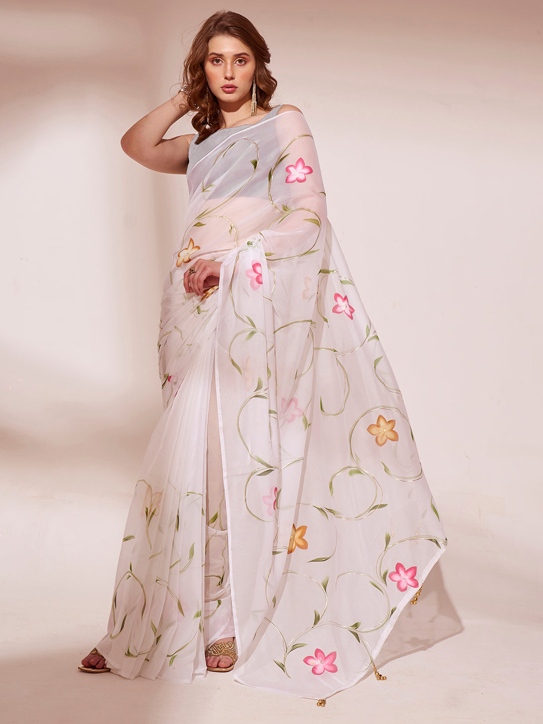 Off White Colored Blooming Organza Designer Brush Printed Saree