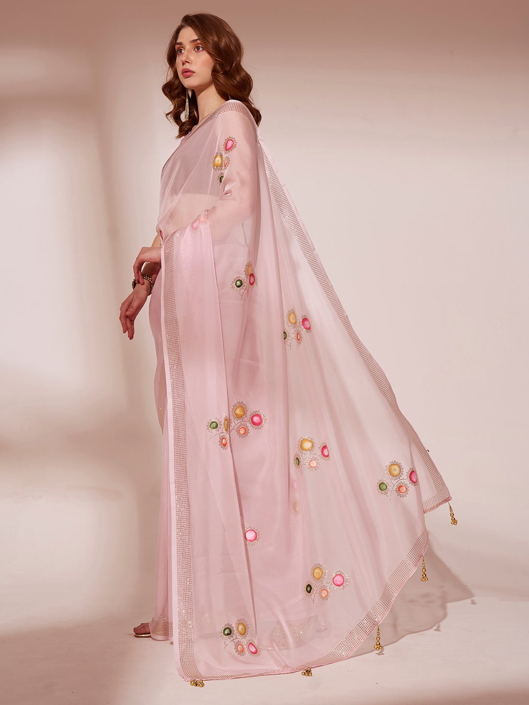 Pink Colored Blooming Organza Designer Brush Printed Saree