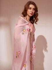 Pink Colored Blooming Organza Designer Brush Printed Saree