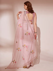 Pink Colored Blooming Organza Designer Brush Printed Saree